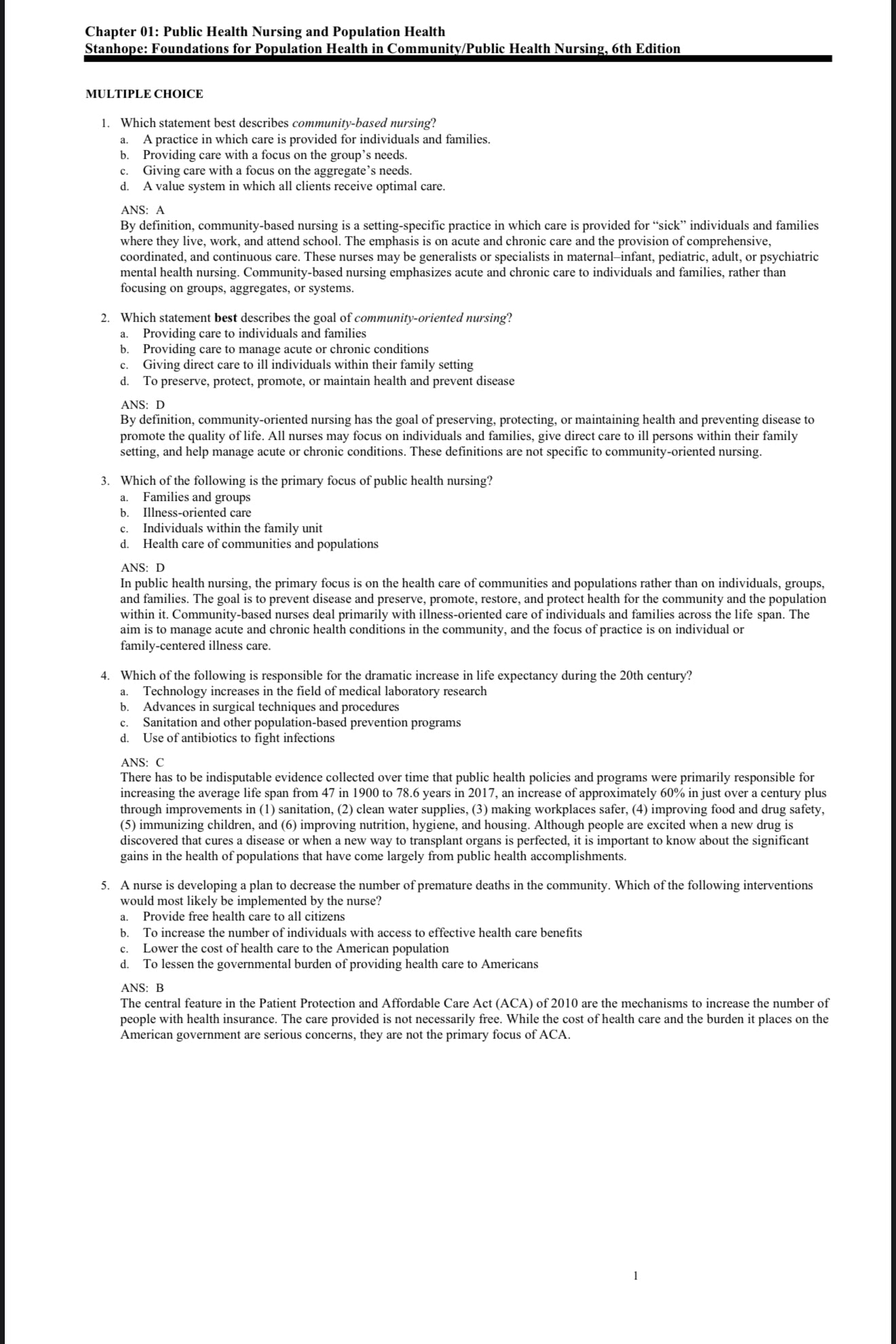 TEST BANK Foundations for Population Health in Community/Public Health Nursing, 6th Edition-Exam Guide Bank
