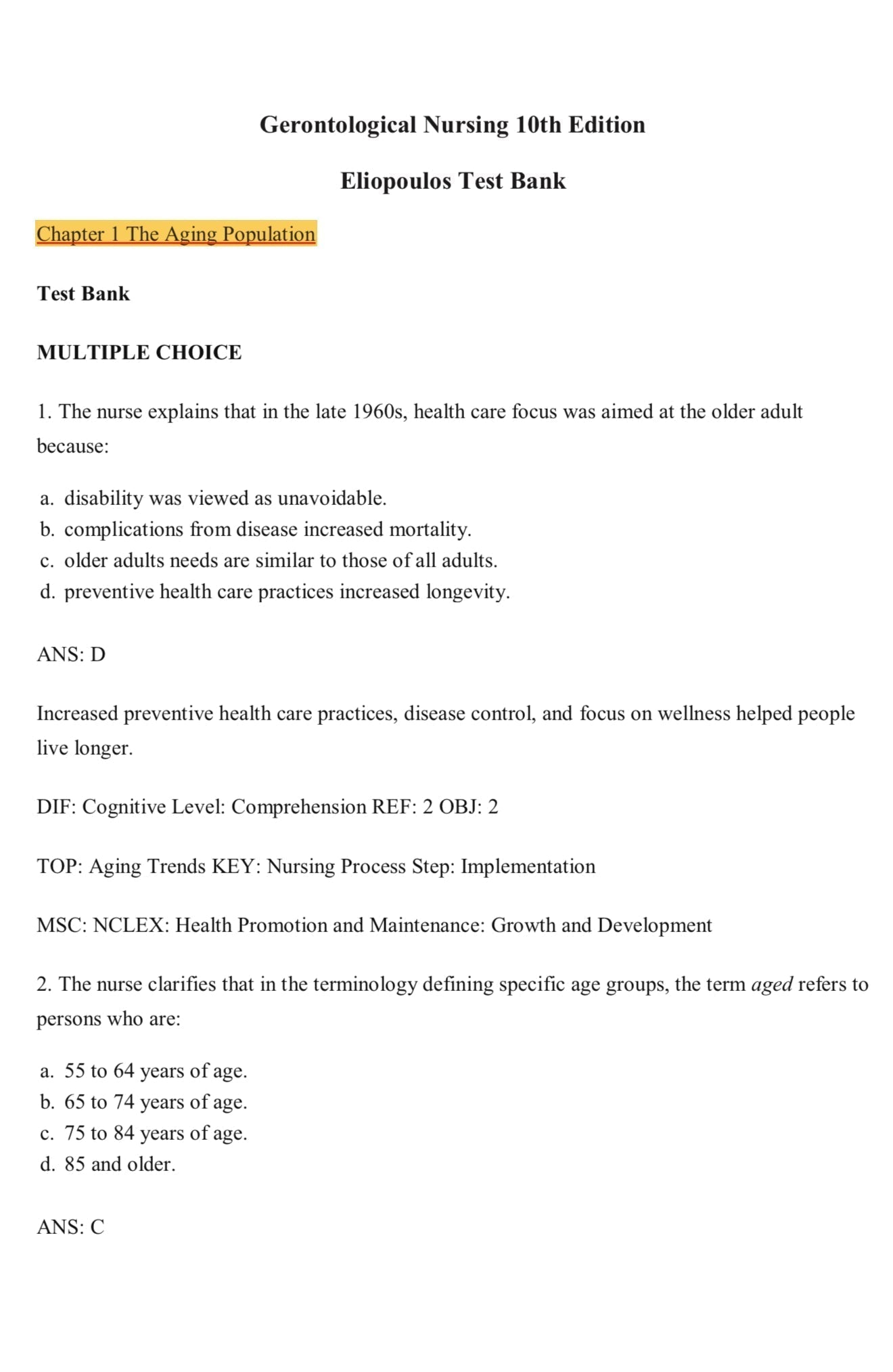 TEST BANK Gerontological Nursing 10th Edition Eliopoulos-Exam Guide Bank