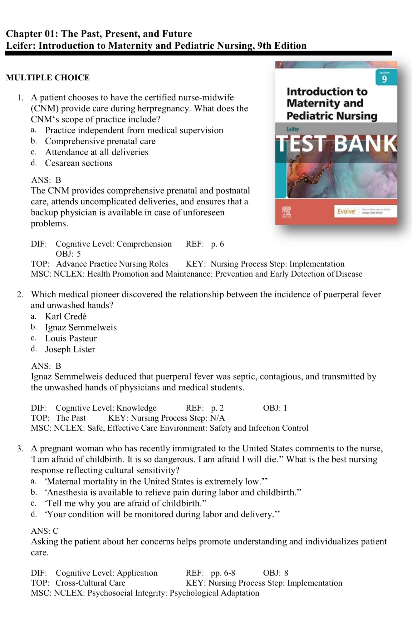 TEST BANK Introduction to Maternity and Pediatric Nursing 9th Edition Leifer-Exam Guide Bank