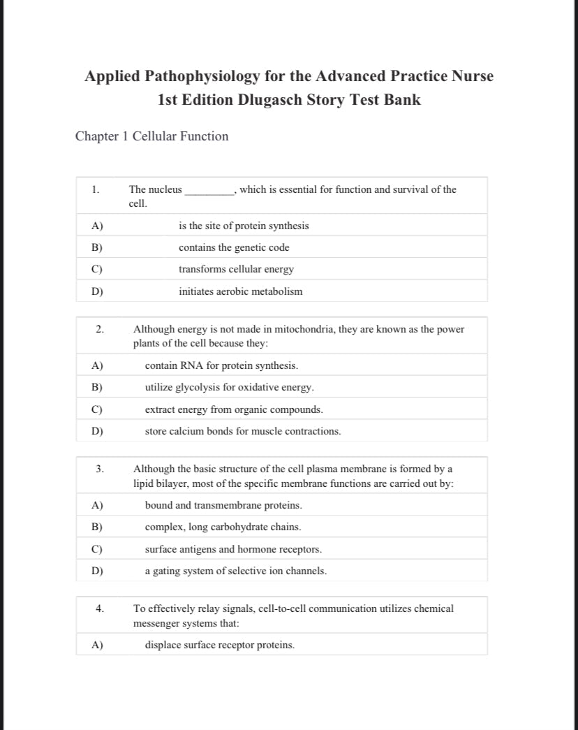Test Bank Applied Pathophysiology for the Advanced Practice Nurse, 1st Edition by Dlugasch & Story-Exam Guide Bank