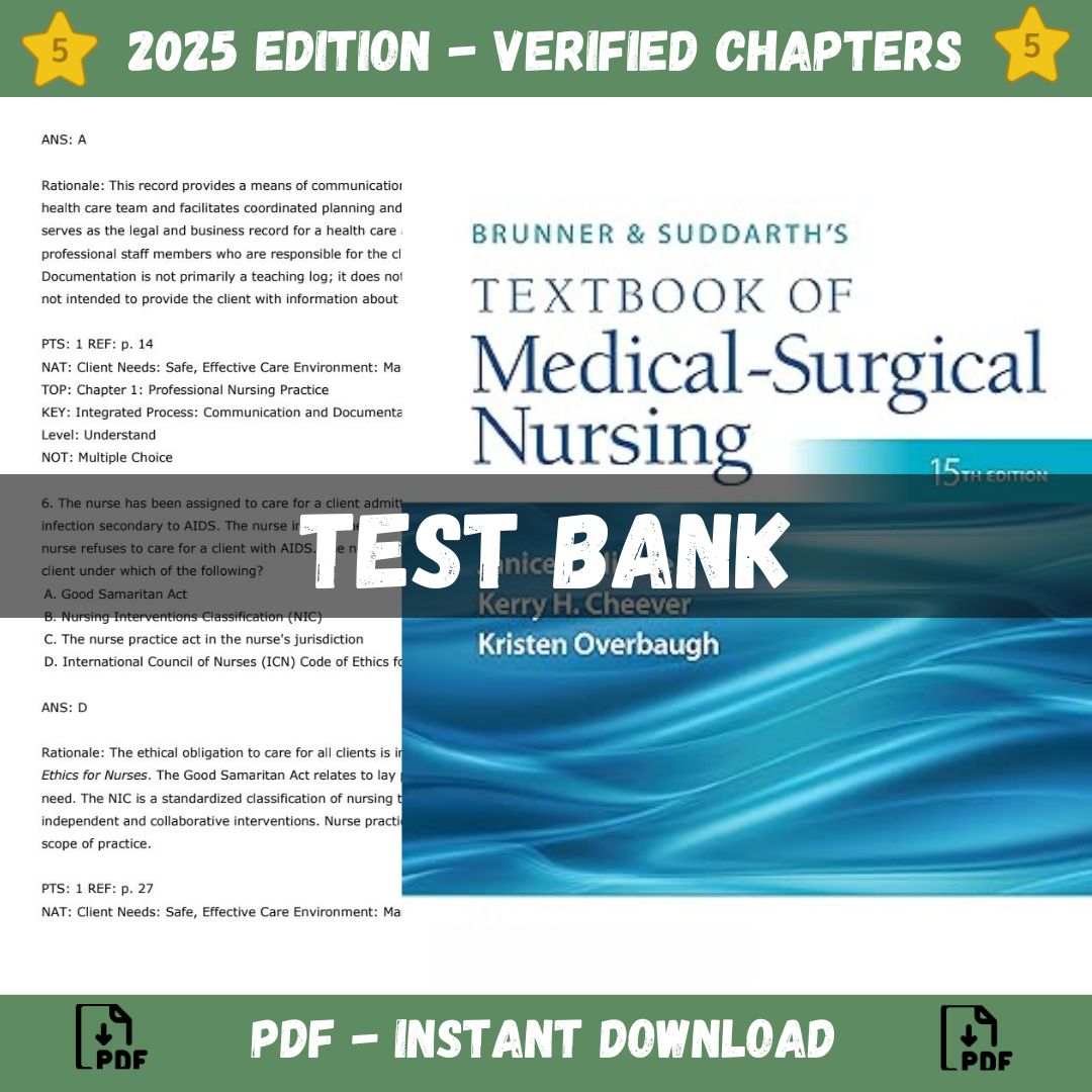 Test Bank – Brunner & Suddarth’s Textbook of Medical-Surgical Nursing, 15th Edition, (Janice L Hinkle, 2023)-Exam Guide Bank