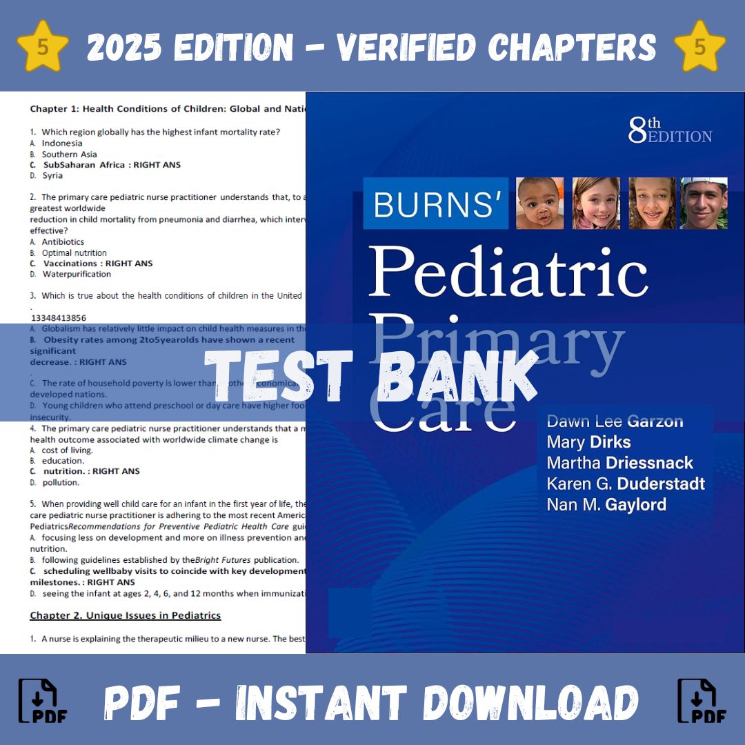 Test Bank – Burns’ Pediatric Primary Care, 8th Edition (Lee Garzon, 2024)-Exam Guide Bank