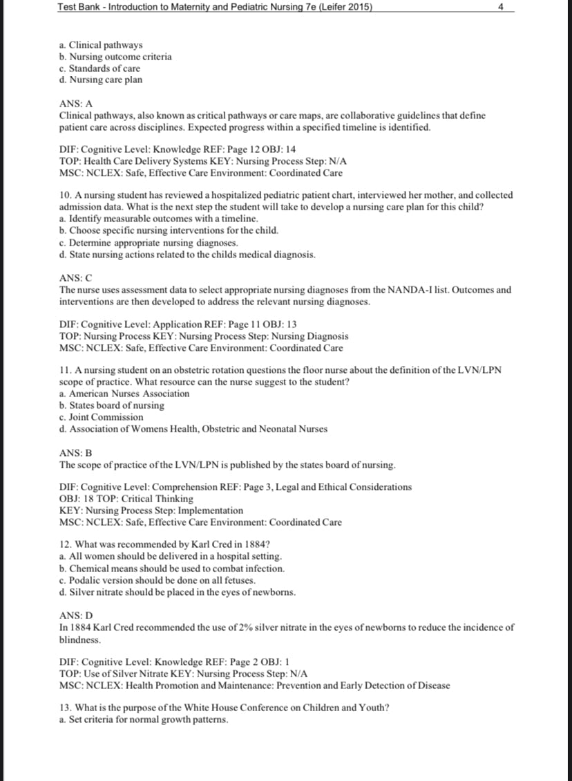 Test Bank - Introduction to Maternity and Pediatric Nursing 7th edition by Leifer-Exam Guide Bank