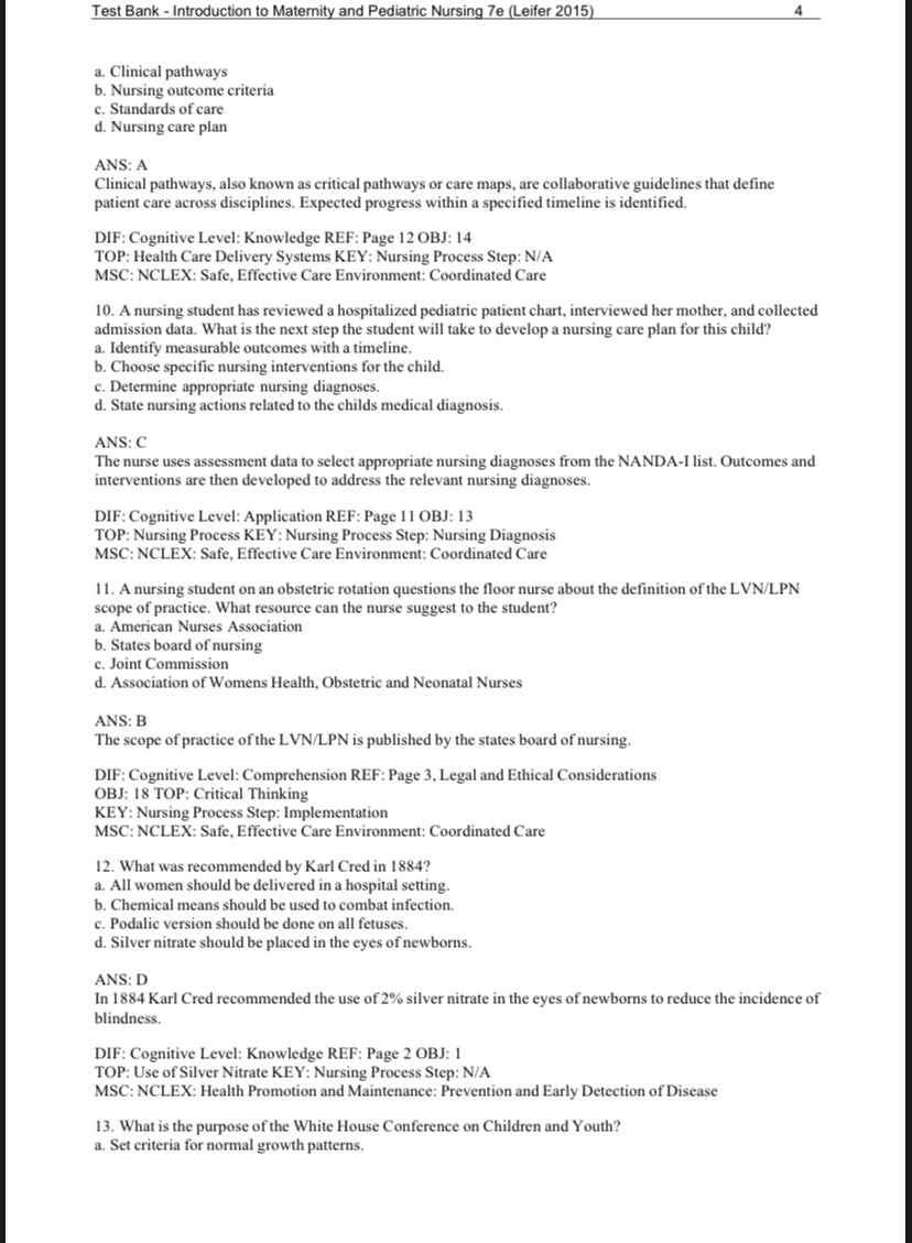 Test Bank - Introduction to Maternity and Pediatric Nursing 7th edition by Leifer-Exam Guide Bank