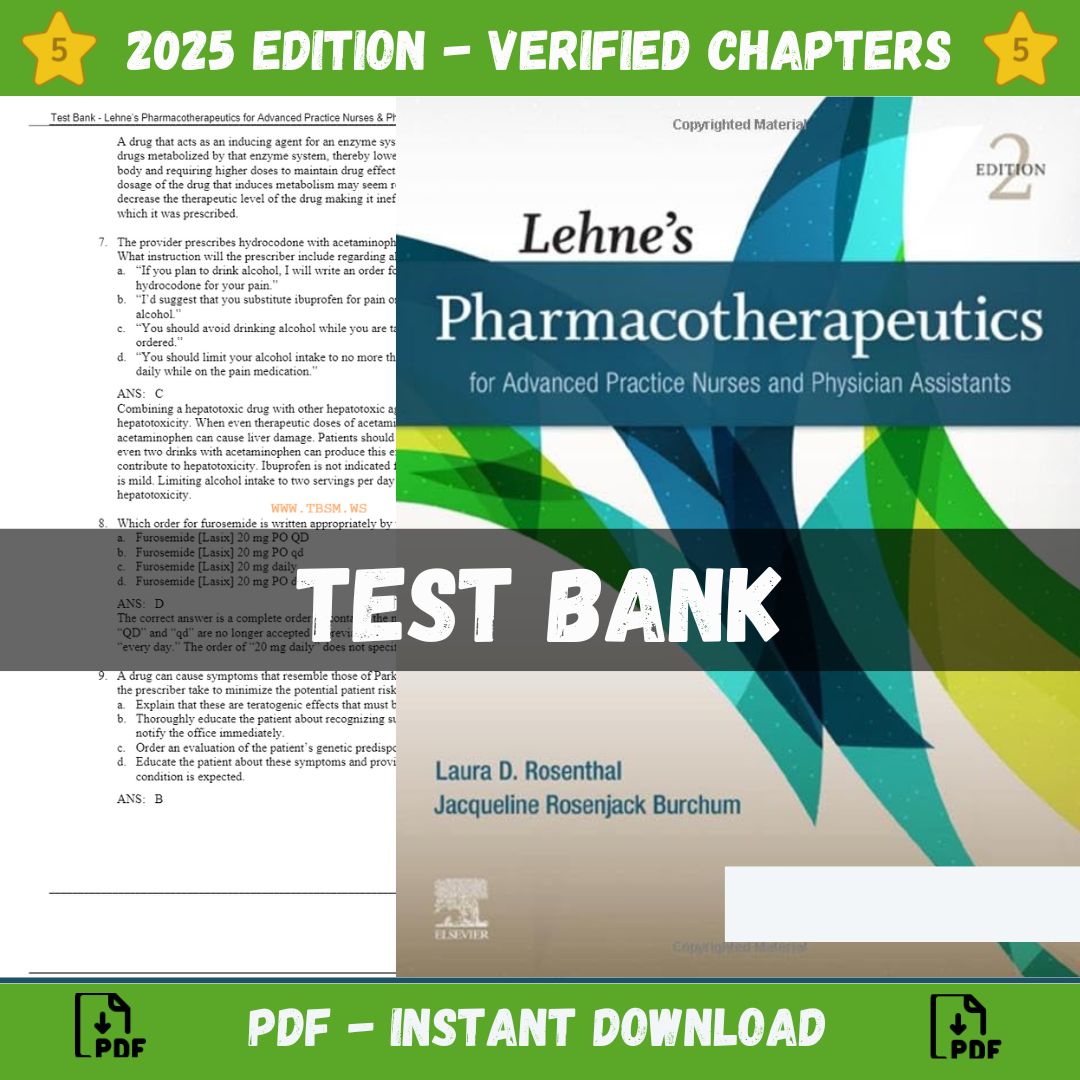 Test Bank – Lehnes Pharmacotherapeutics for Advanced Practice Nurses and Physician Assistants, 2nd Edition (Rosenthal, 2021)-Exam Guide Bank