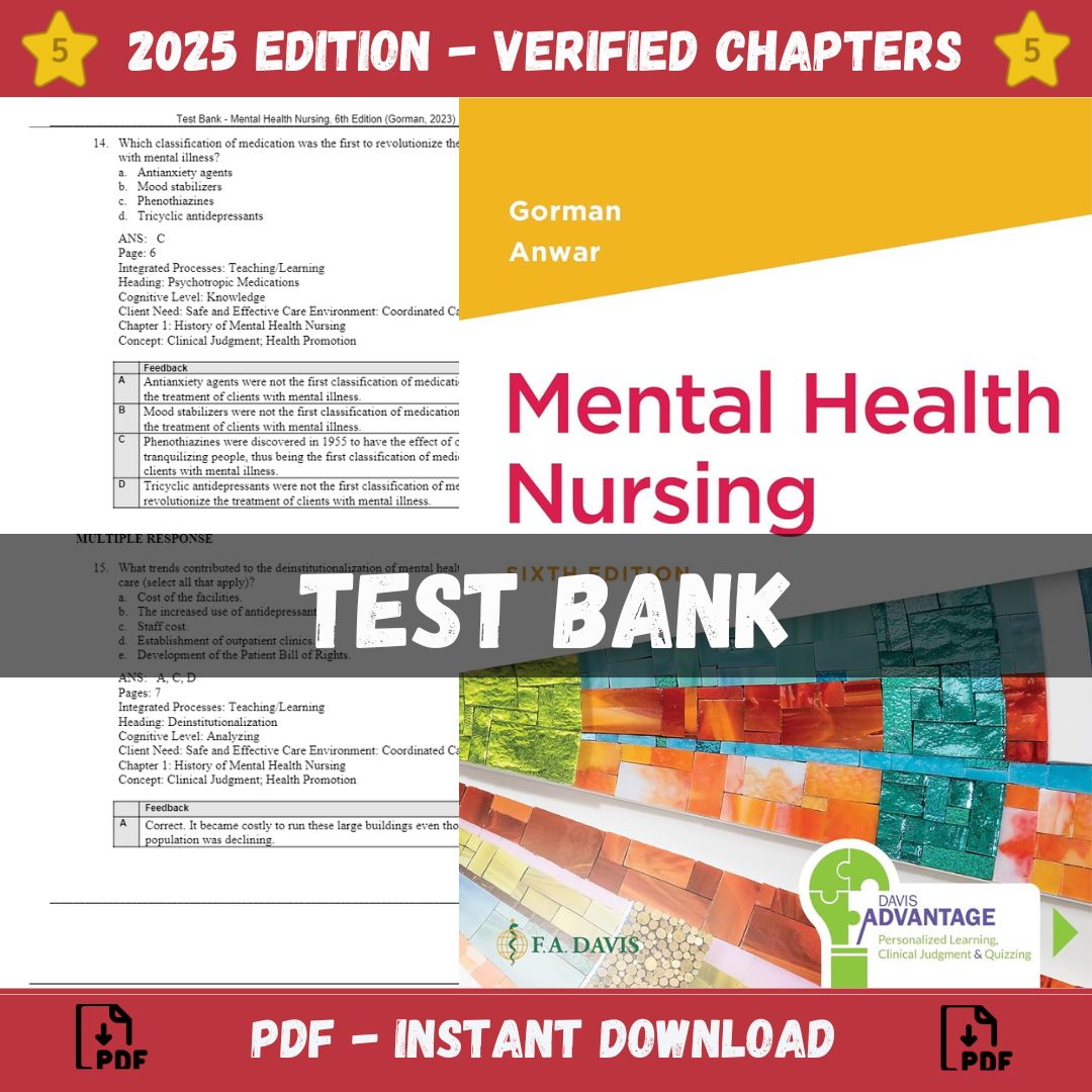 Test Bank – Mental Health Nursing, 6th Edition (Gorman, 2023)-Exam Guide Bank