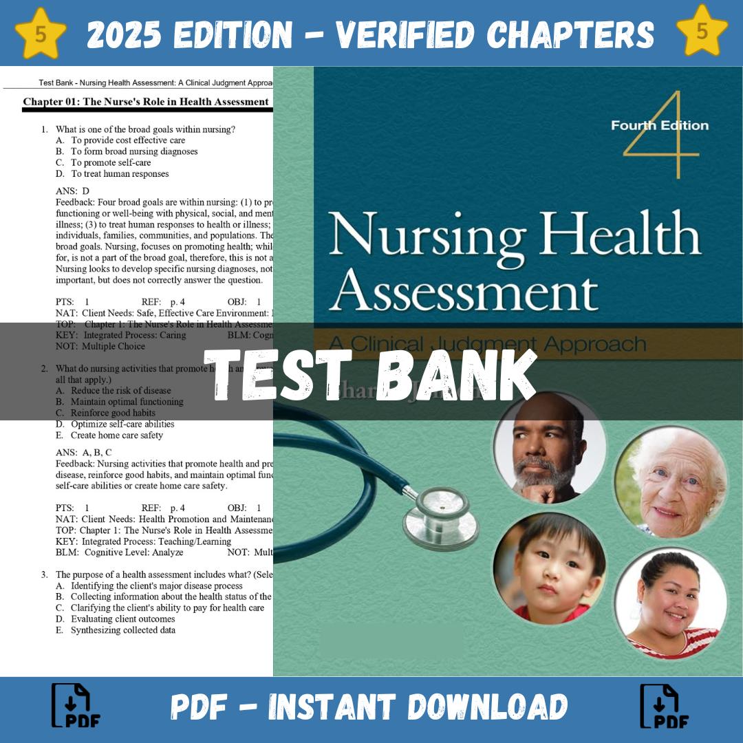 Test Bank – Nursing Health Assessment A Clinical Judgment Approach, 4th Edition (Jensen, 2023)-Exam Guide Bank