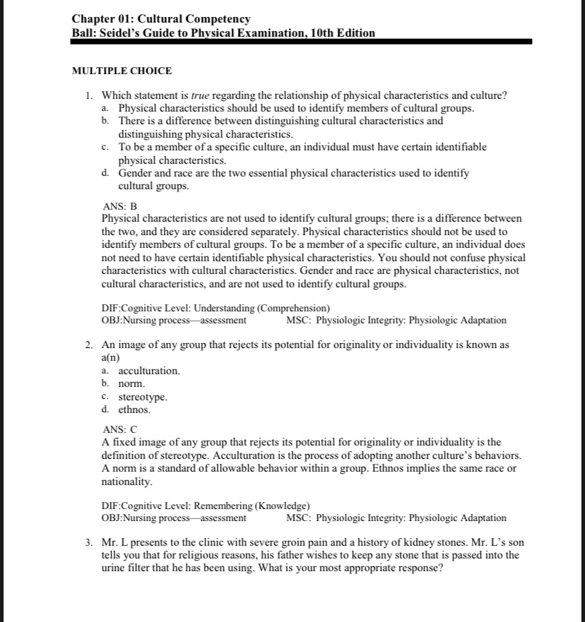 Test Bank – Seidel’s Guide to Physical Examination, 10th Edition-Exam Guide Bank