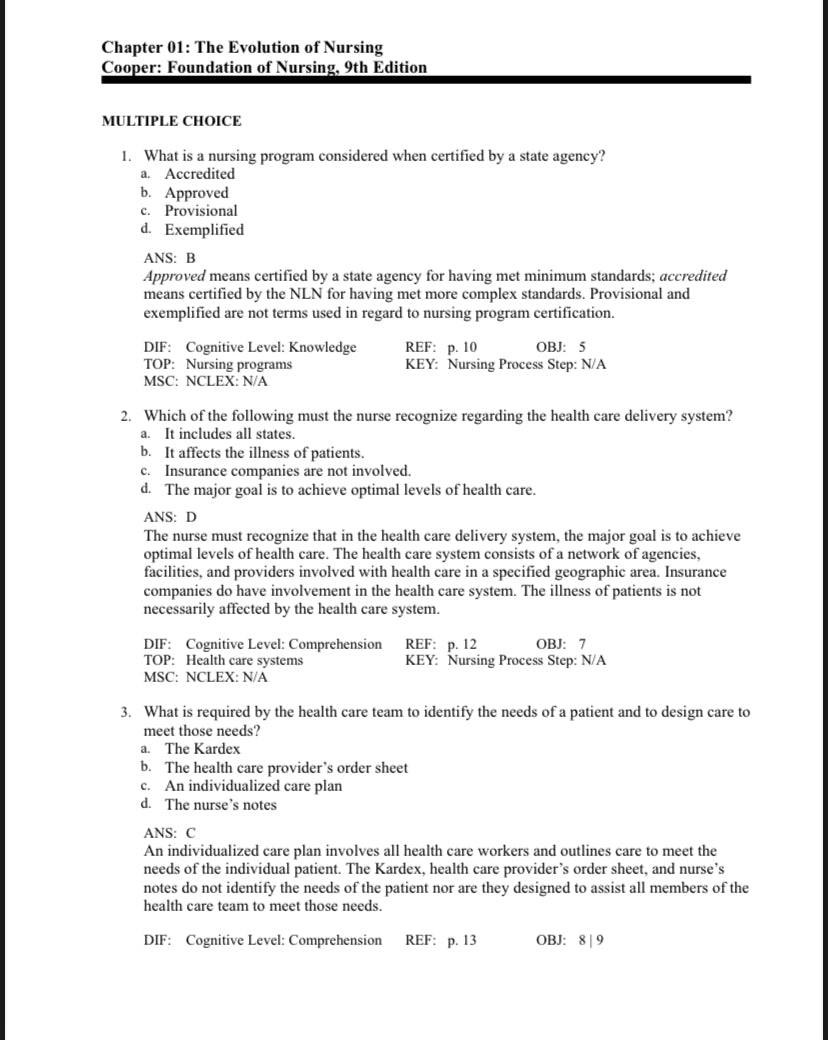 Test bank Foundation of Nursing, 9th Edition by Cooper-Exam Guide Bank