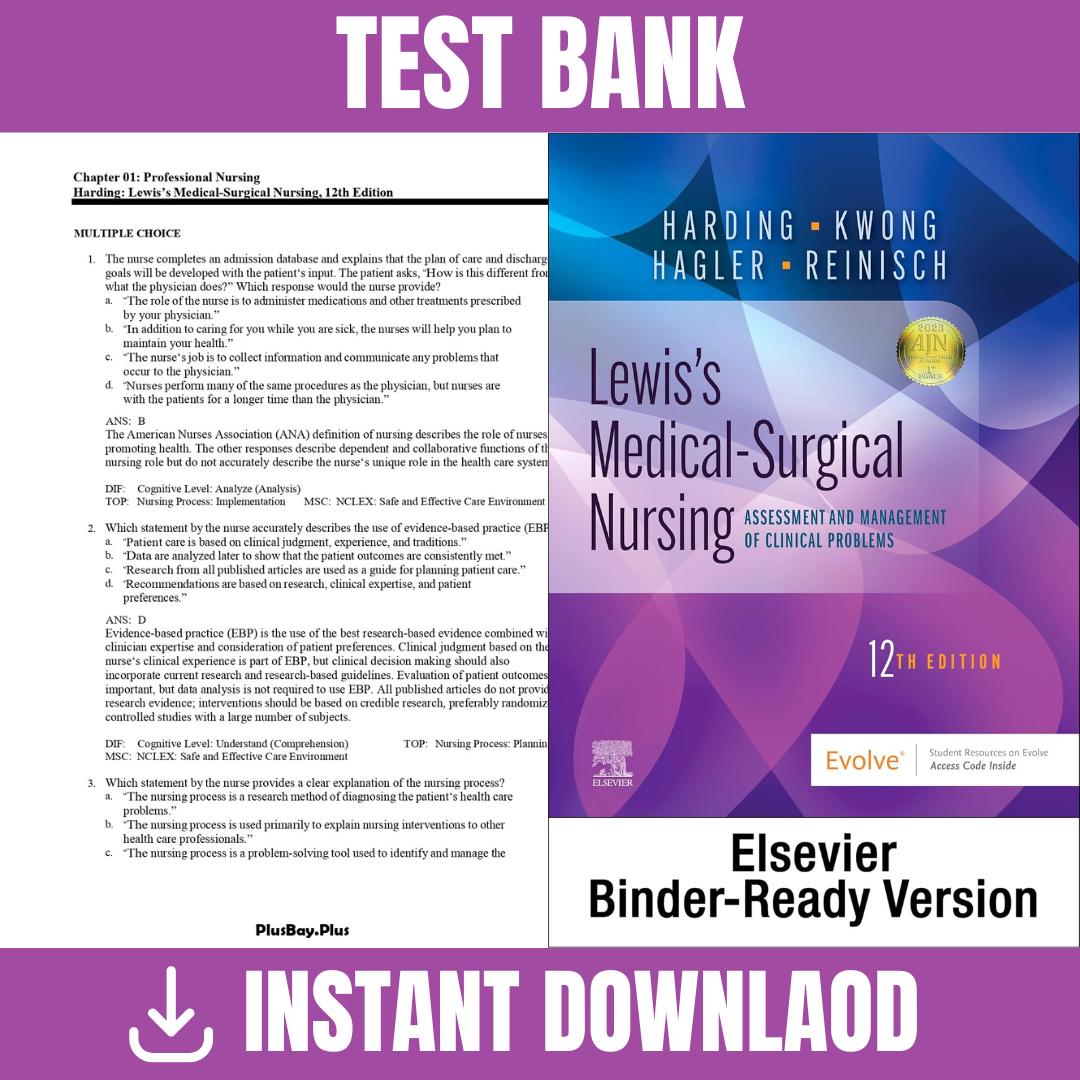 Test bank – Lewis’s Medical-Surgical Nursing 12th Edition By (Harding, 2023)-Exam Guide Bank