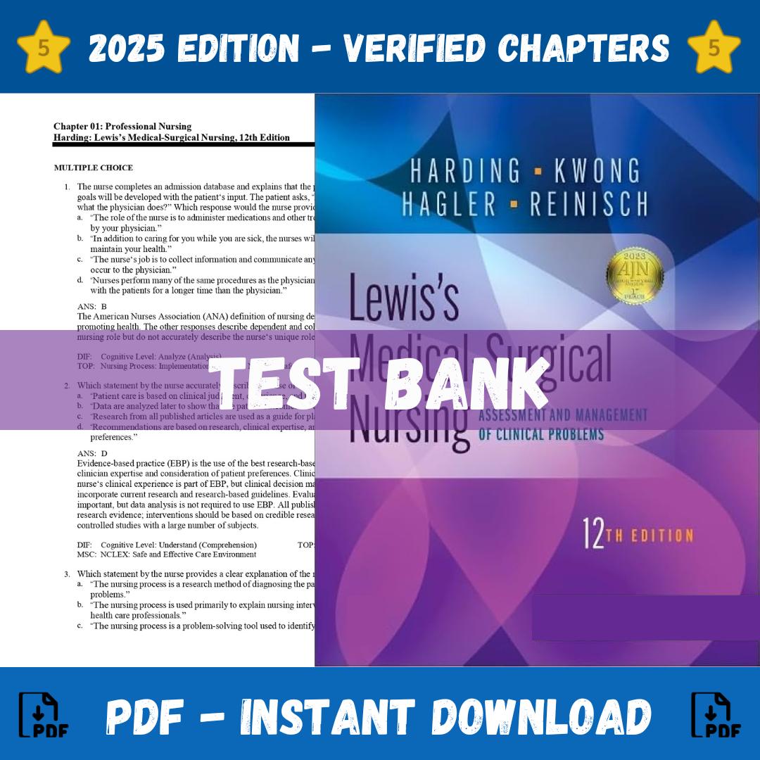 Test bank – Lewis’s Medical-Surgical Nursing 12th Edition (Harding, 2023)-Exam Guide Bank