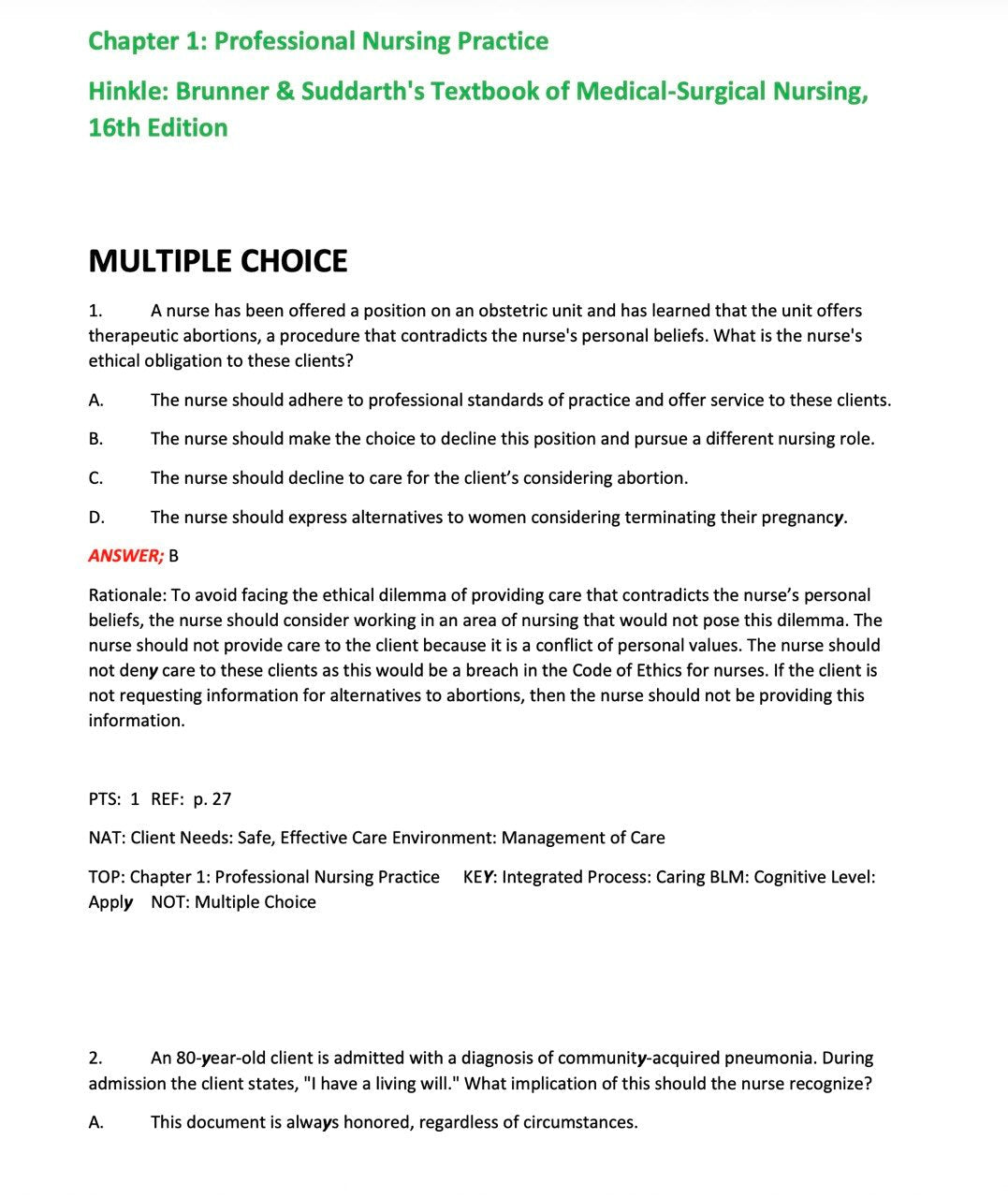 Test Bank Brunner & Suddarth's Medical-Surgical Nursing 16th Edition by Hinkle-Exam Guide Bank