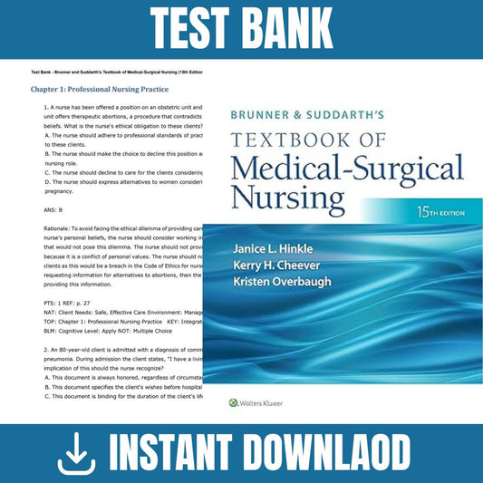 Test Bank – Brunner & Suddarth’s Textbook of Medical-Surgical Nursing, 15th Edition, (Hinkle, 2023)-Exam Guide Bank