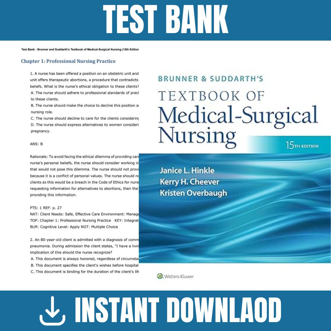 Test Bank – Brunner & Suddarth’s Textbook of Medical-Surgical Nursing, 15th Edition, (Hinkle, 2023)-Exam Guide Bank