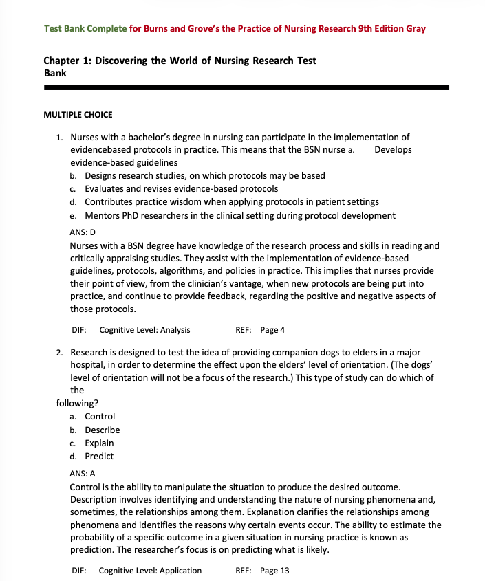 Test Bank Burns and Grove's The Practice of Nursing Research 9th Edition-Exam Guide Bank