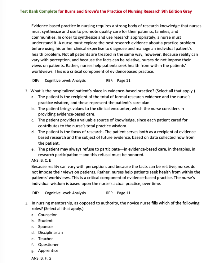 Test Bank Burns and Grove's The Practice of Nursing Research 9th Edition-Exam Guide Bank