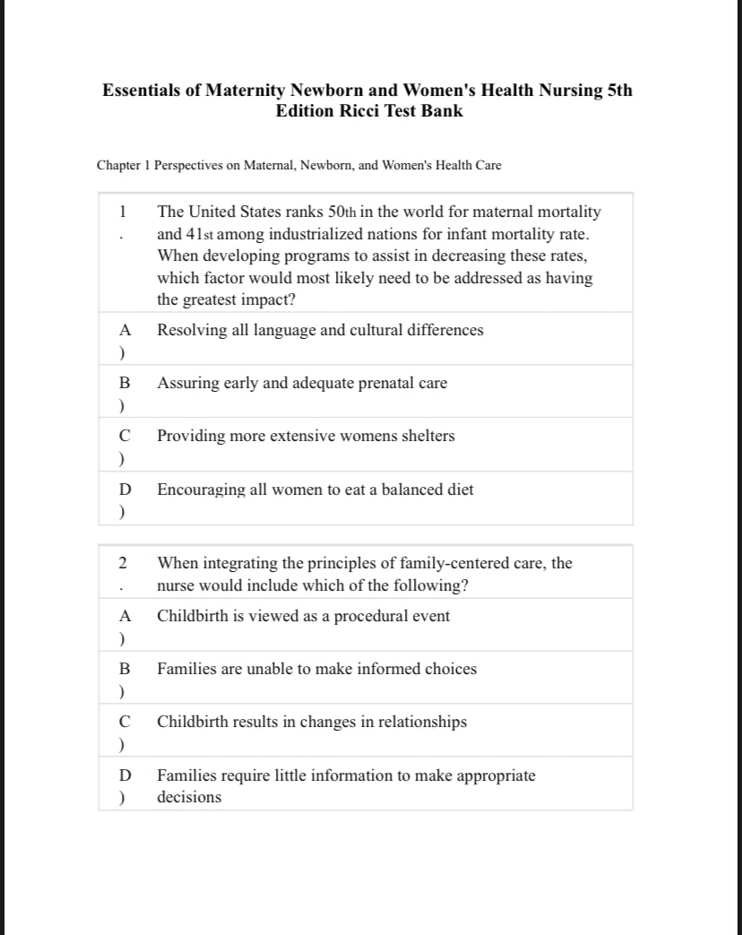 Test Bank Essentials of Maternity, Newborn, and Women’s Health Nursing, 5th Edition by Ricci-Exam Guide Bank