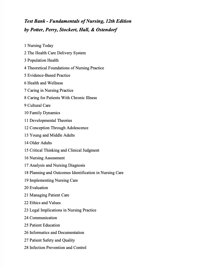 Test Bank Fundamentals of Nursing 12th Edition by Potter & Perry-Exam Guide Bank