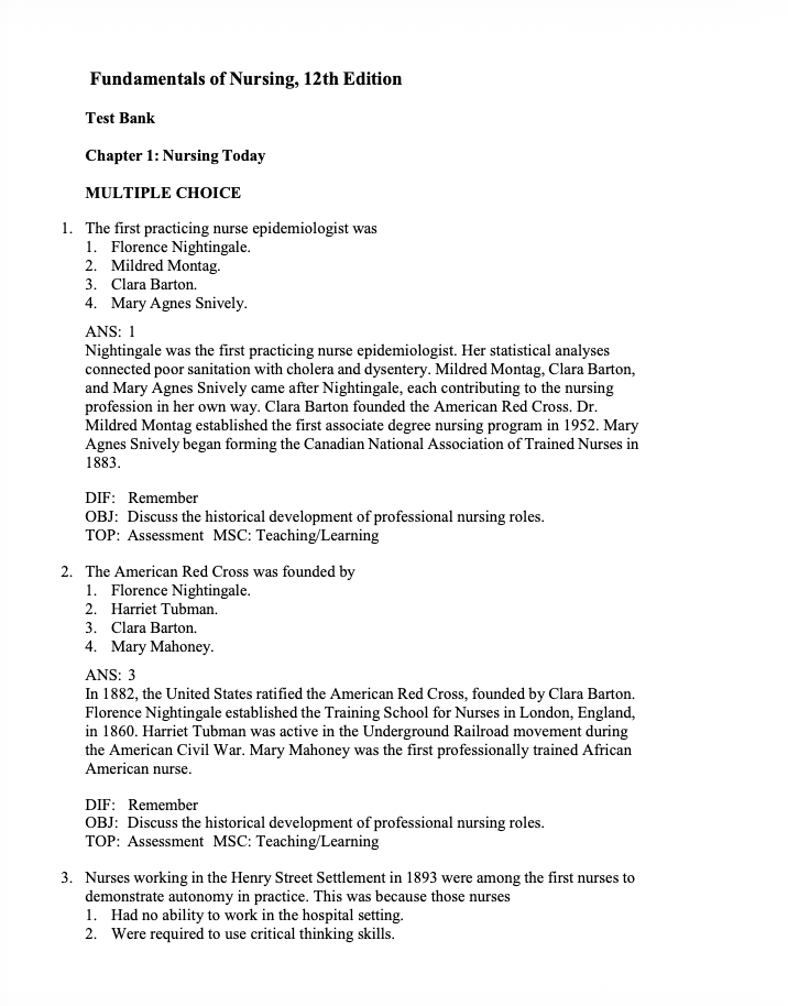 Test Bank Fundamentals of Nursing 12th Edition by Potter & Perry-Exam Guide Bank
