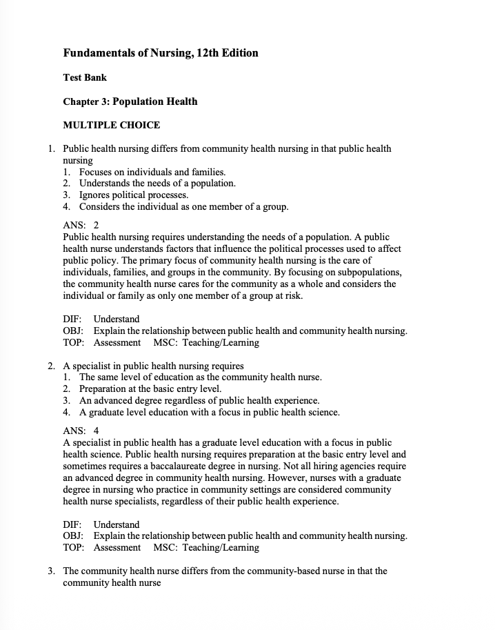 Test Bank Fundamentals of Nursing 12th Edition by Potter & Perry-Exam Guide Bank