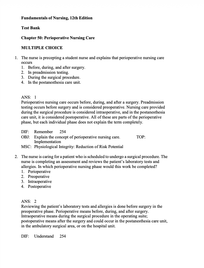 Test Bank Fundamentals of Nursing 12th Edition by Potter & Perry-Exam Guide Bank