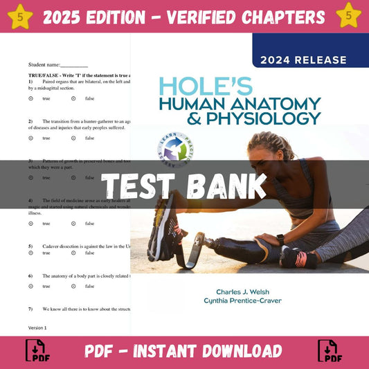 Test Bank – Hole’s Human Anatomy & Physiology 16th Edition (Welsh, 2024)-Exam Guide Bank
