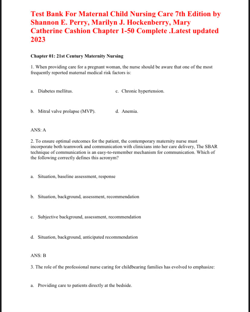 Test Bank Maternal Child Nursing Care 7th by Perry-Exam Guide Bank