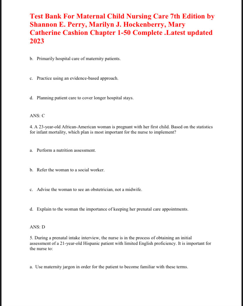 Test Bank Maternal Child Nursing Care 7th by Perry-Exam Guide Bank