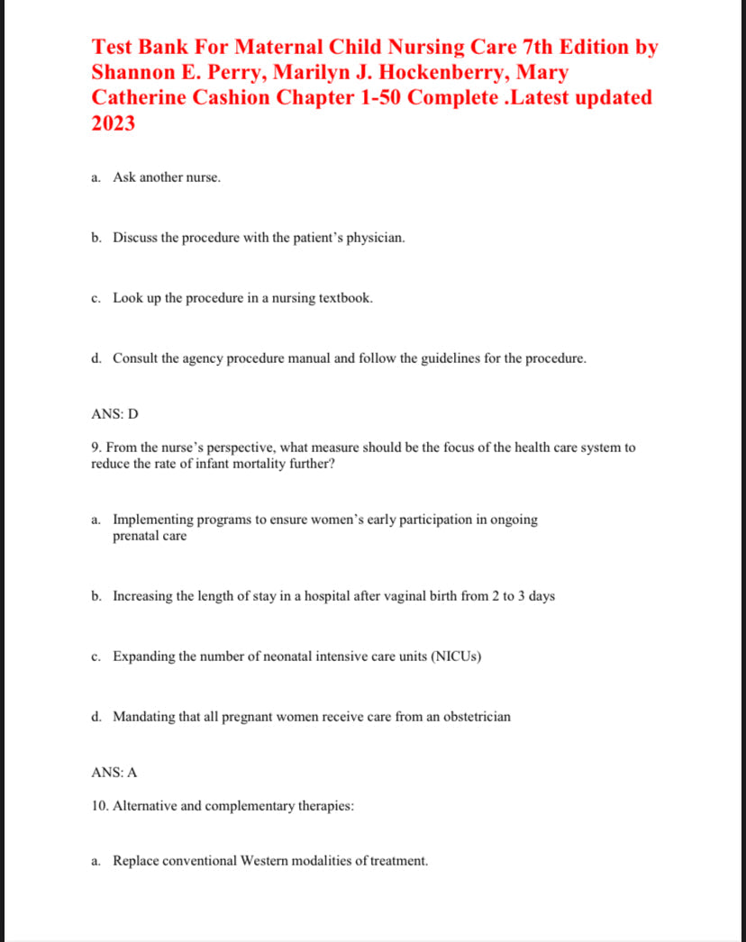 Test Bank Maternal Child Nursing Care 7th by Perry-Exam Guide Bank