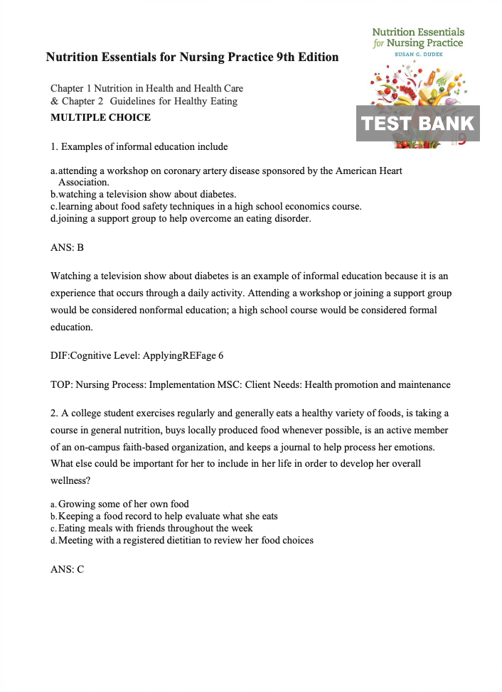 Test Bank Nutrition Essentials for Nursing Practice 9th by Susan G. Dudek.-Exam Guide Bank