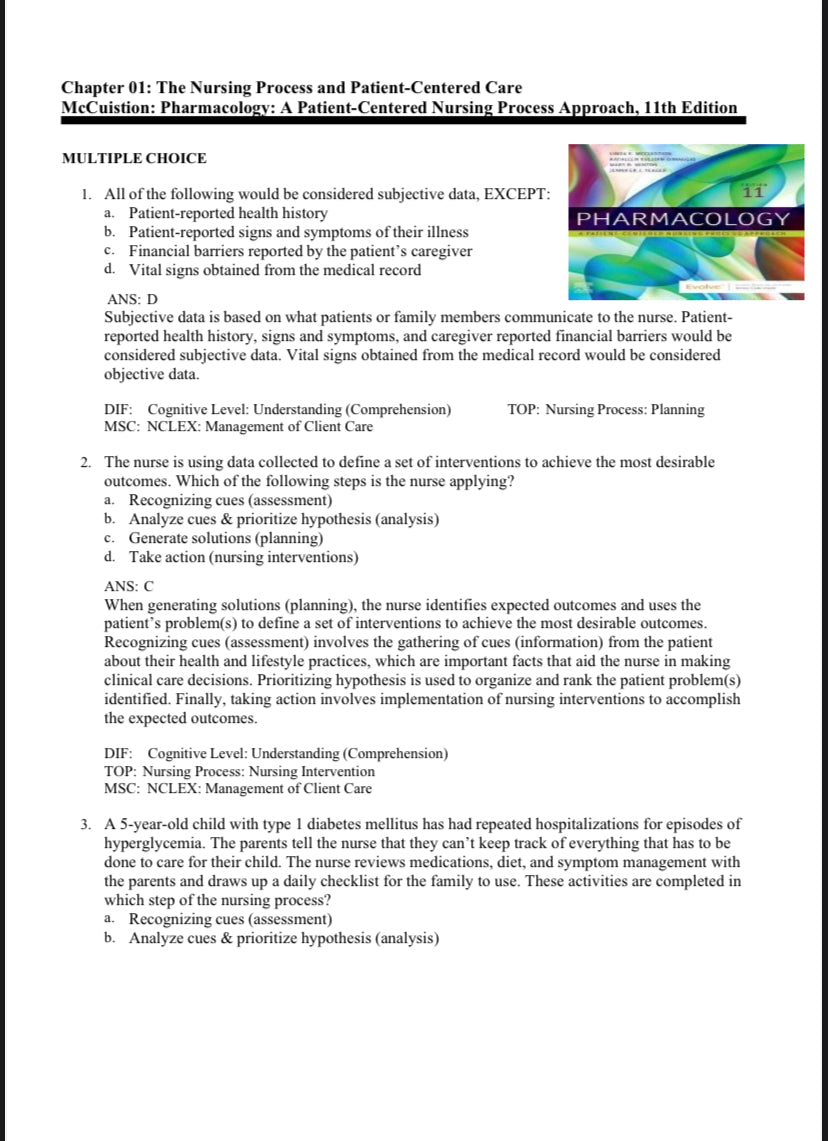 Test Bank Pharmacology A Patient-Centered Nursing Process Approach, 11th Edition by McCuistion-Exam Guide Bank
