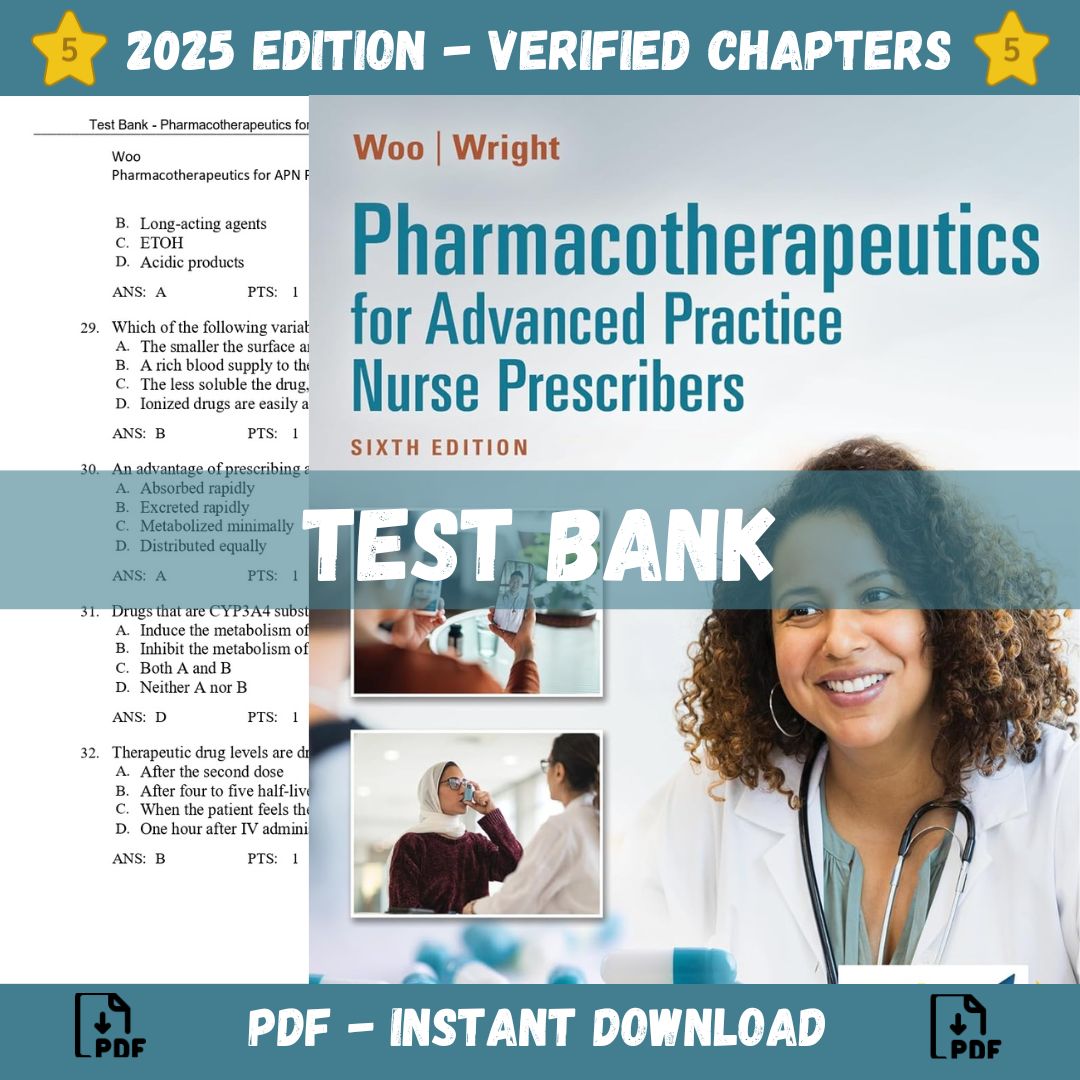 Test Bank – Pharmacotherapeutics for Advanced Practice Nurse Prescribers, 6th Edition (Woo, 2024)-Exam Guide Bank