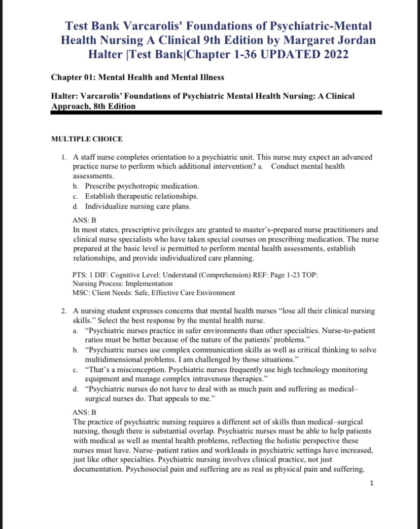 Test Bank Varcarolis’ Foundations of Psychiatric-Mental Health Nursing 9th Edition by Halter-Exam Guide Bank