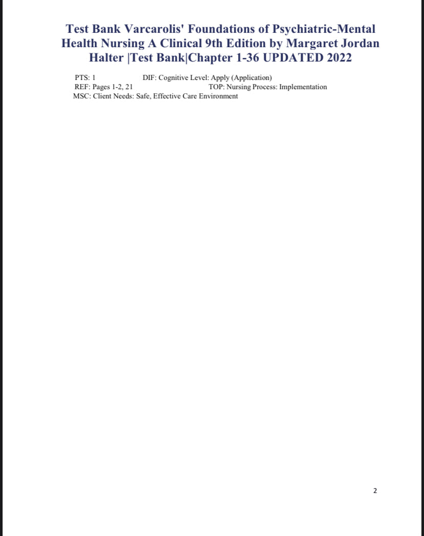 Test Bank Varcarolis’ Foundations of Psychiatric-Mental Health Nursing 9th Edition by Halter-Exam Guide Bank
