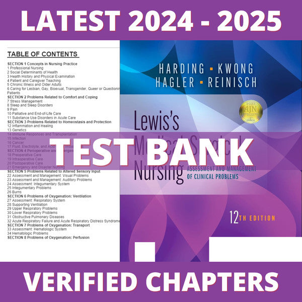 Test bank - Lewis's Medical-Surgical Nursing 12th Edition (Harding, 2023), All Chapters-Exam Guide Bank