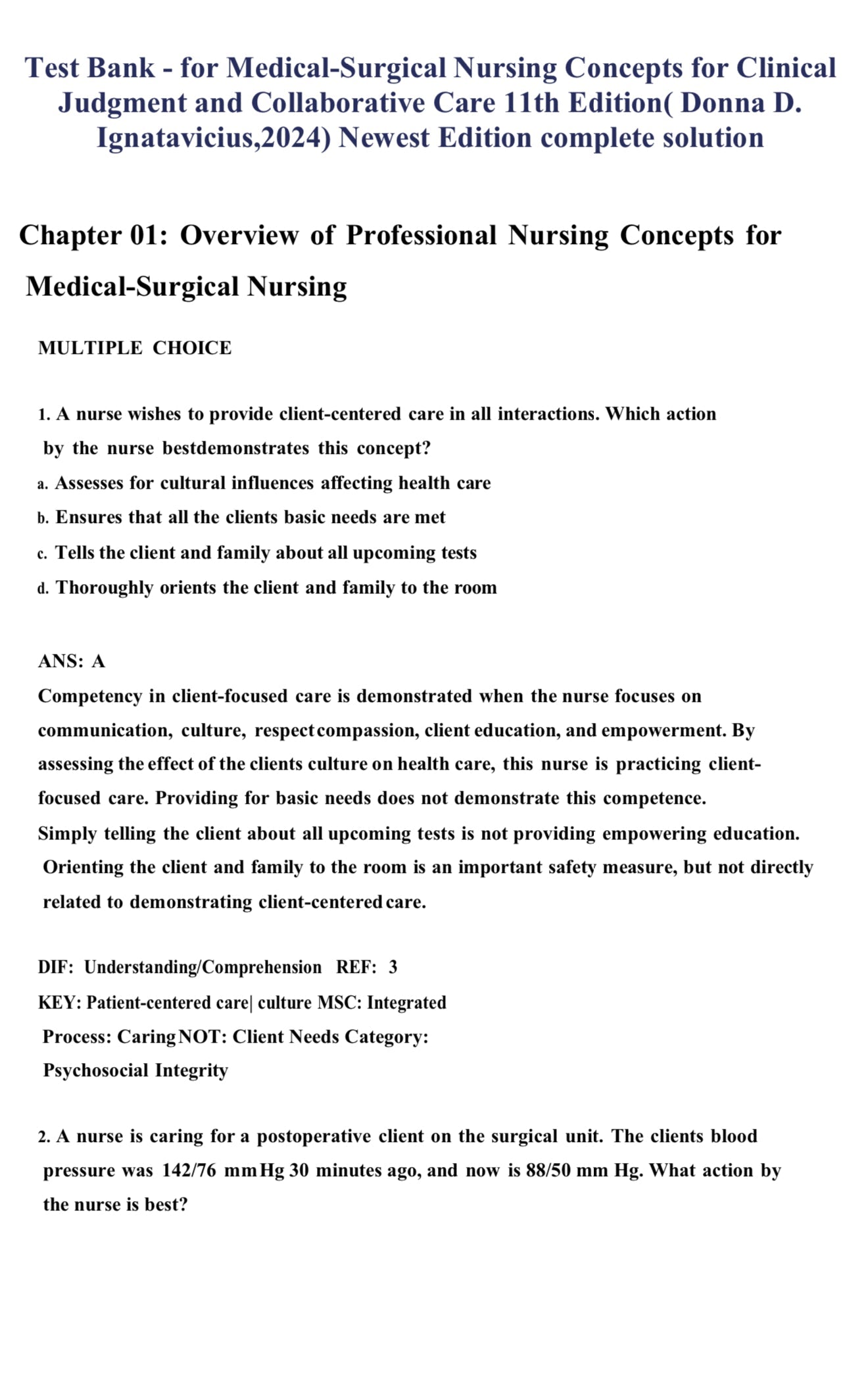 Test bank MEDICAL SURGICAL NURSING:CONCEPTS FOR CLINICAL JUDGEMENT AND COLLABORATIVE CARE 11TH EDITION IGNATAVICIUS-Exam Guide Bank