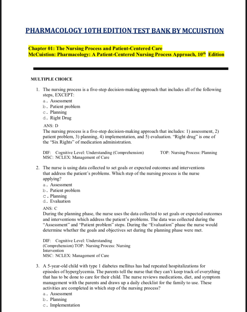 Test bank Pharmacology: A Patient-Centered Nursing Process Approach 10th edition by McCuistion-Exam Guide Bank