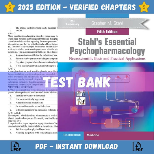 Test bank – Stahl’s Essential Psychopharmacology Neuroscientific Basis and Practical Applications 5th Edition (Stahl, 2022)-Exam Guide Bank